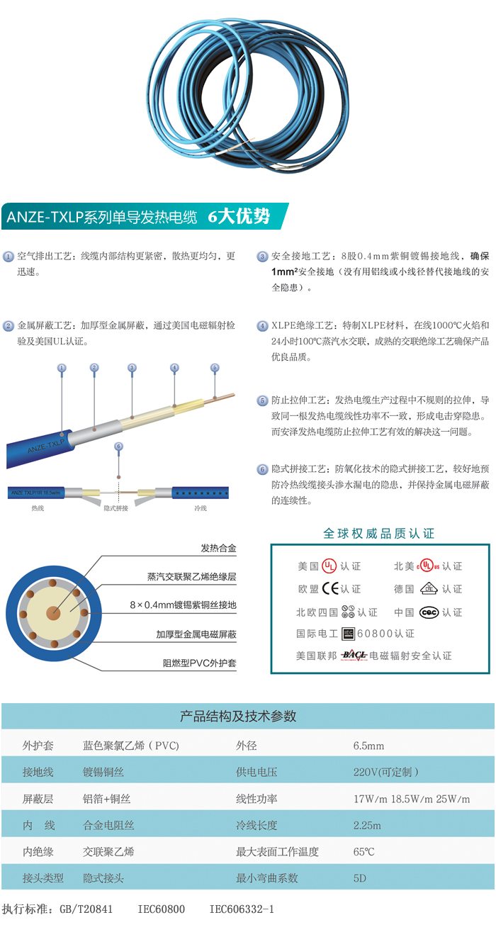 安泽TXLP单导系列电地暖发热电缆